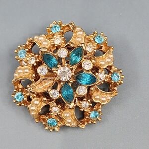 Gold Tone Floral Brooch Aqua Rhinestone Faux Pearl Clear Rhinestone Cluster Pin